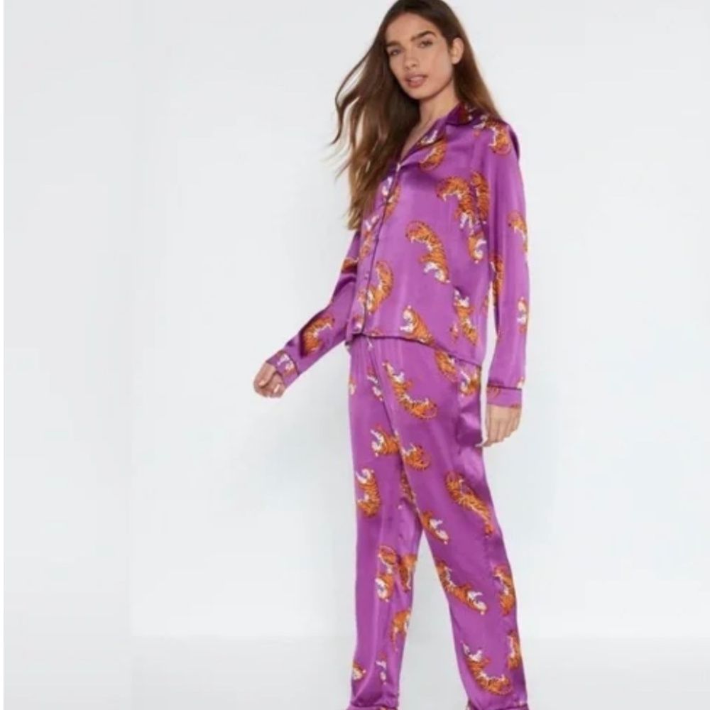 NWT Nasty Gal Drive Me Wild purple long pajama top bottom set